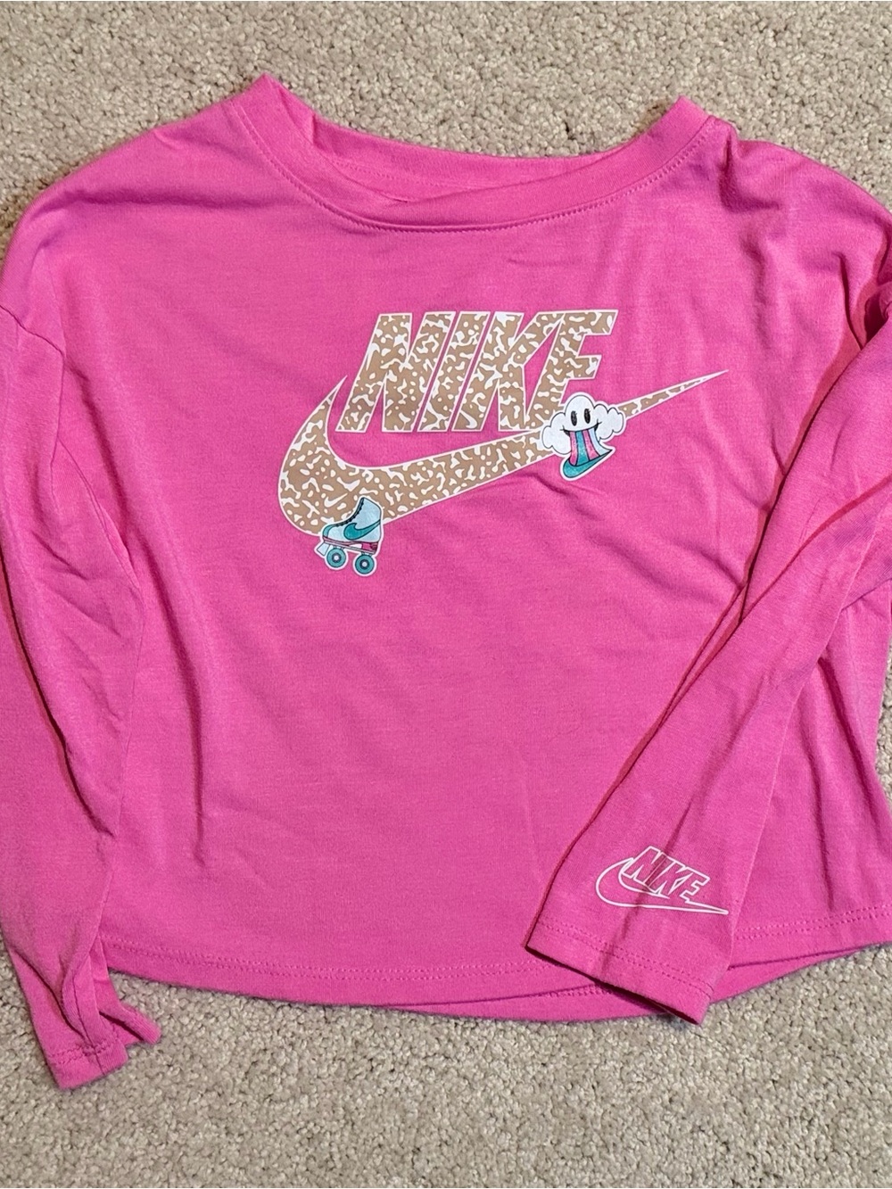 Nike Girls Hot Pink Long-Sleeve Logo Tee with Roller Graphic